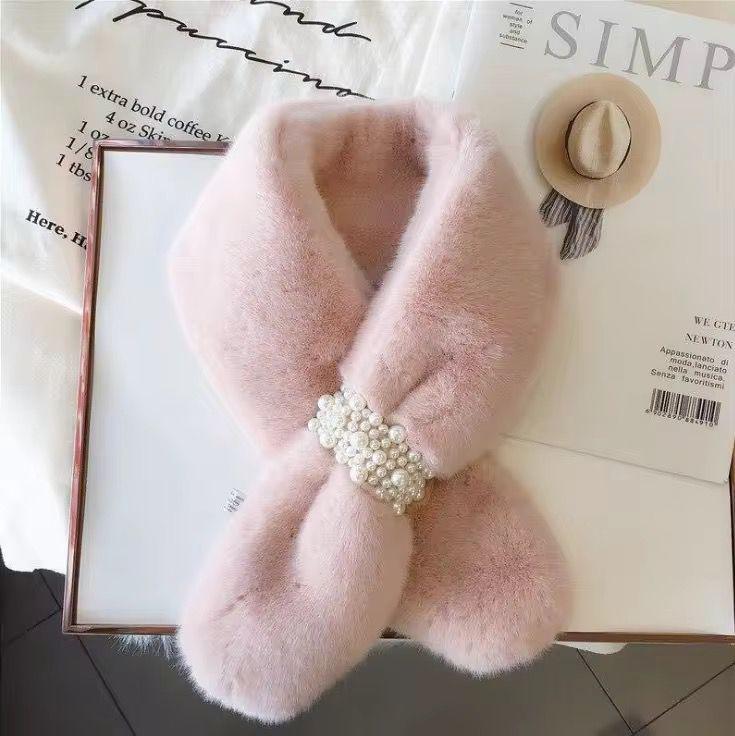 Faux Fur Scarf Cross Neck Pearl Detail