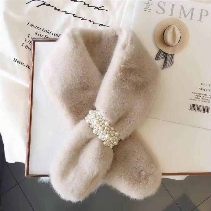 Faux Fur Scarf Cross Neck Pearl Detail