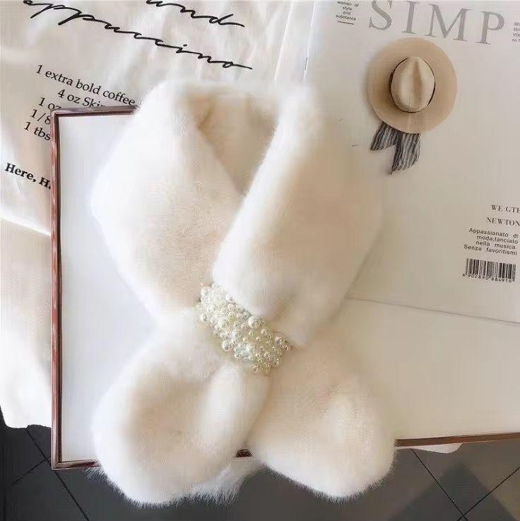 Faux Fur Scarf Cross Neck Pearl Detail