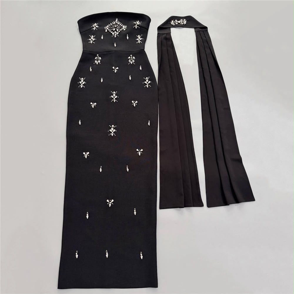 Noir Crystal Fringe Maxi Dress