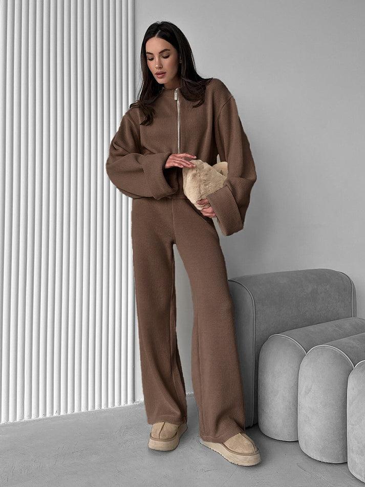 Zip Jacket And Wide Leg Pants Set