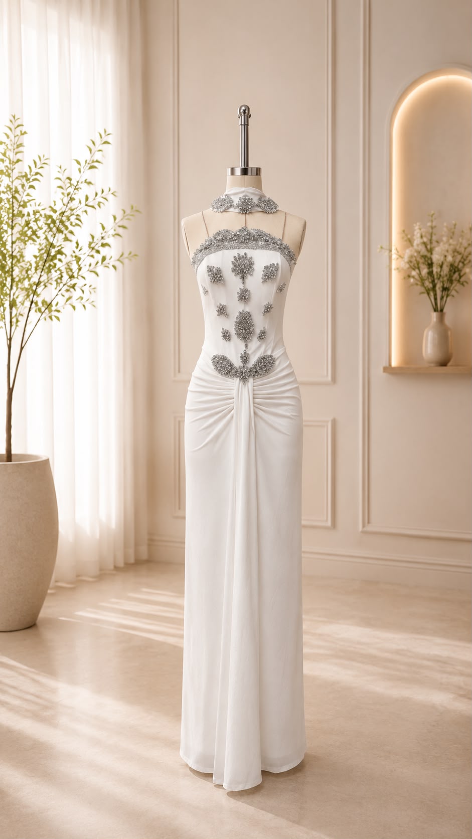 Crystal Applique Draped Column Gown