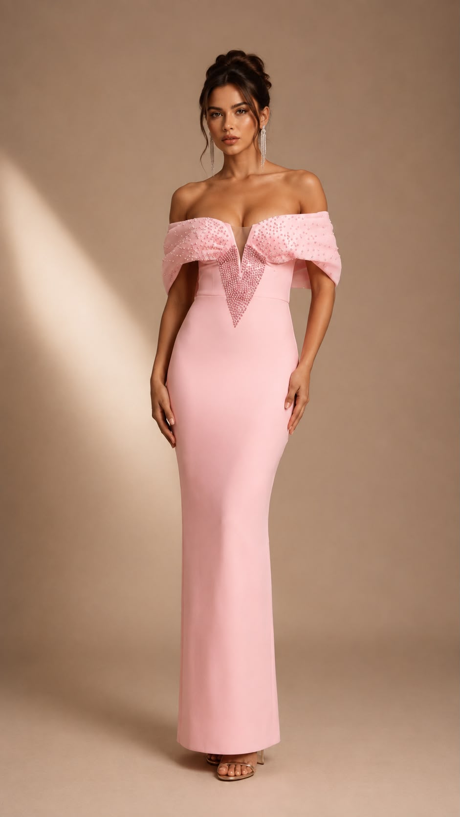 Pearl Bow Off-Shoulder Column Gown
