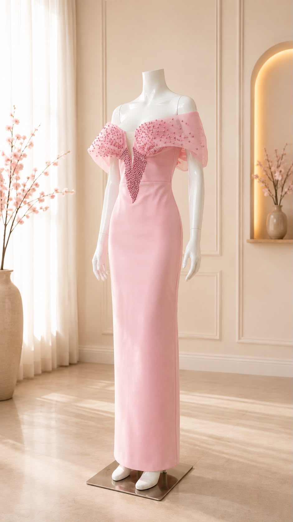 Pearl Bow Off-Shoulder Column Gown