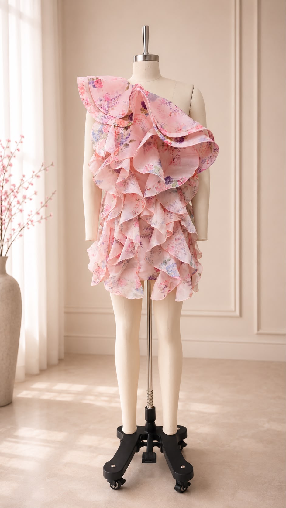 Floral Chiffon One Shoulder Ruffle Mini Dress