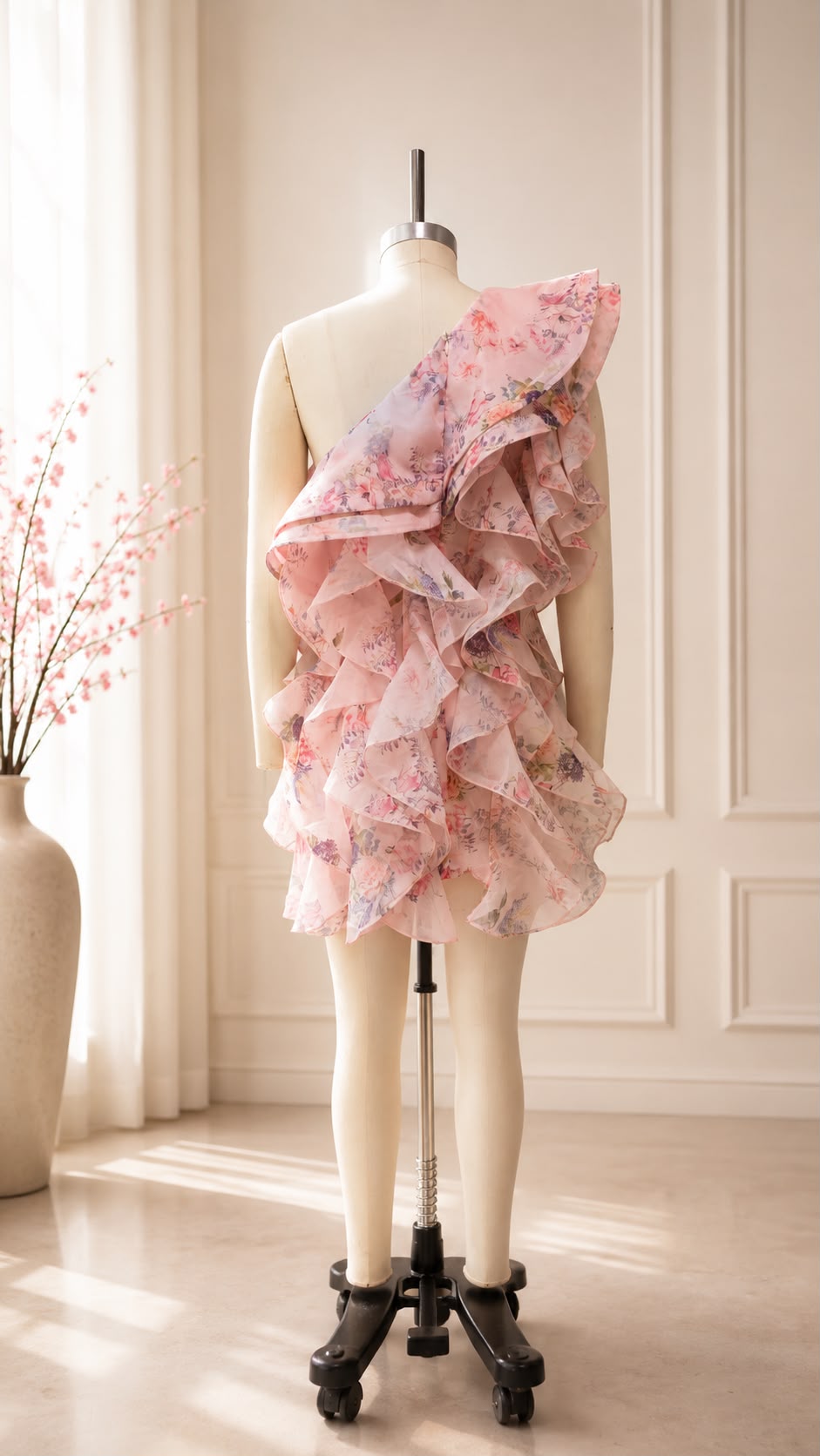 Floral Chiffon One Shoulder Ruffle Mini Dress