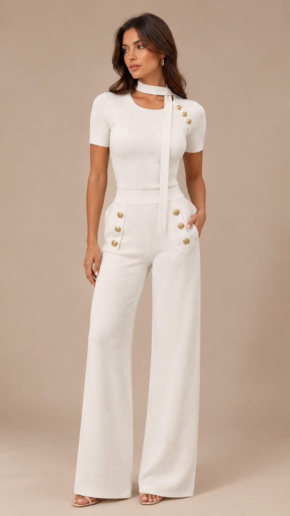 Gold Button Knit Top and Trouser Set