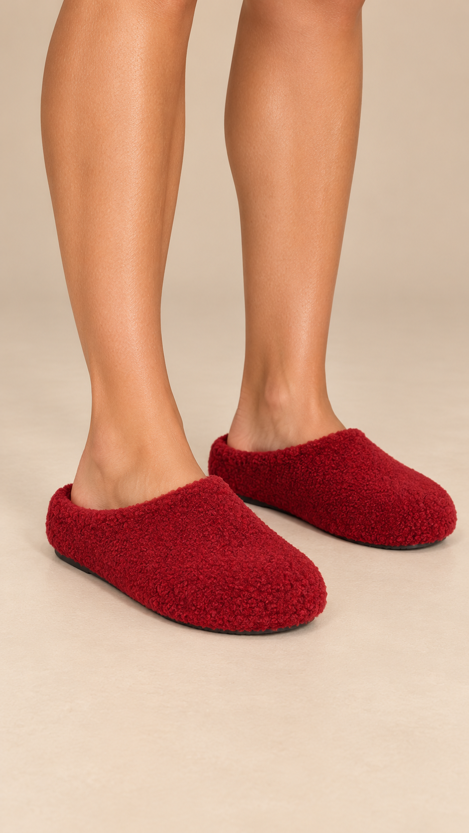 Gisella Teddy-Fleece Mule — Angora red worn closeup