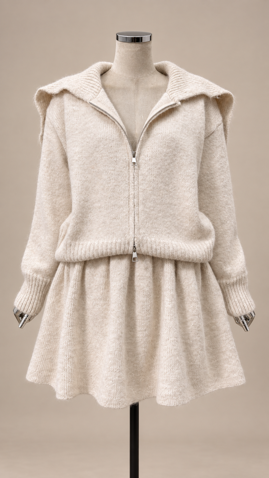 Wren Shawl-Collar Knit Set — Apricot mannequin front