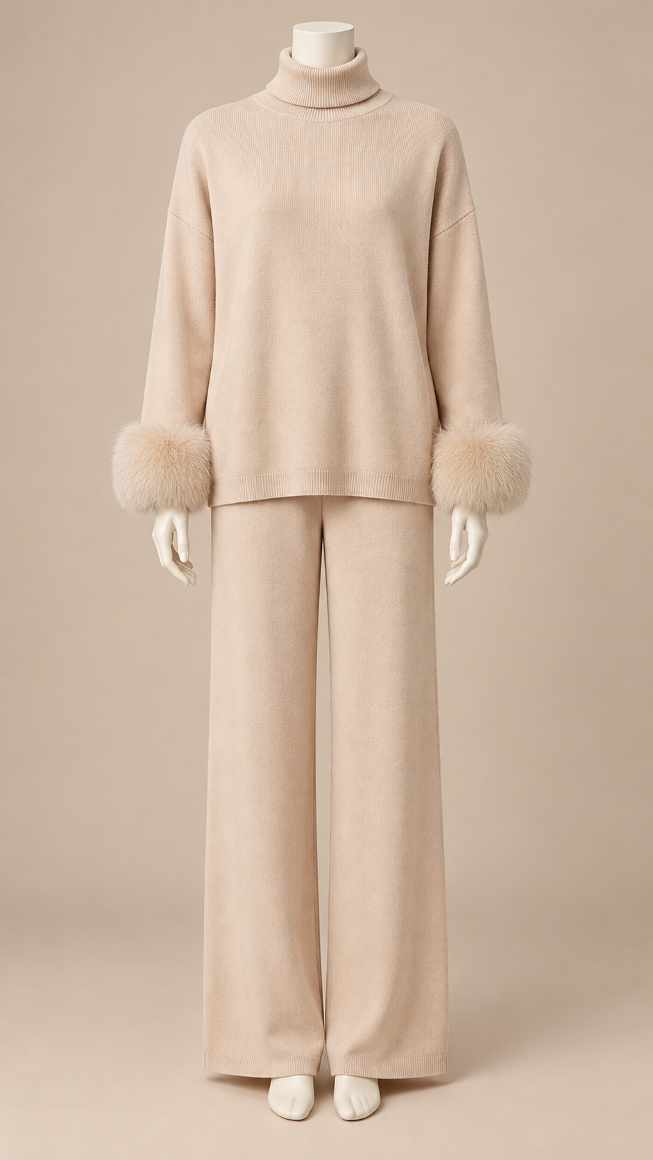 Noor Fur-Pom Knit Set — Apricot mannequin front
