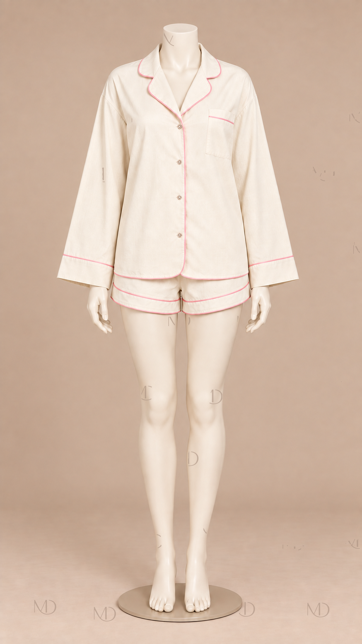 Celeste Piped Cotton Pajama Set — Apricot mannequin front