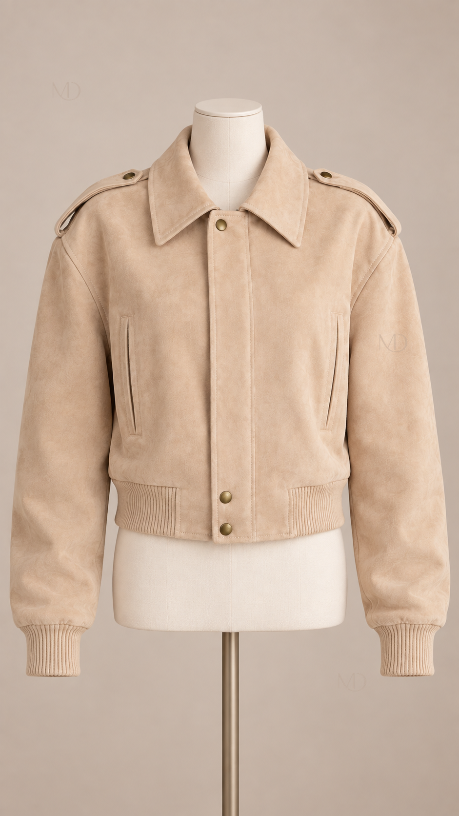 Sienna Suede Bomber Jacket — Apricot mannequin front