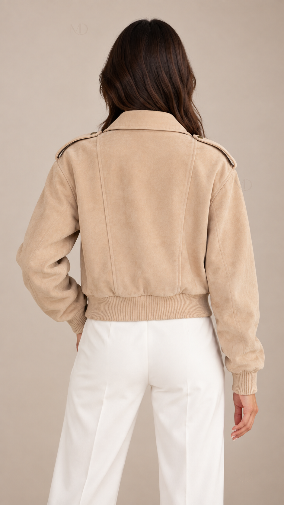 Sienna Suede Bomber Jacket — Apricot model back