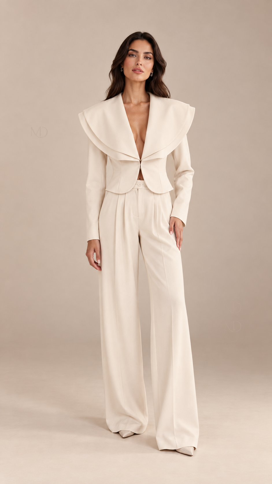 Celeste Wide-Lapel Suit Set — Apricot model front