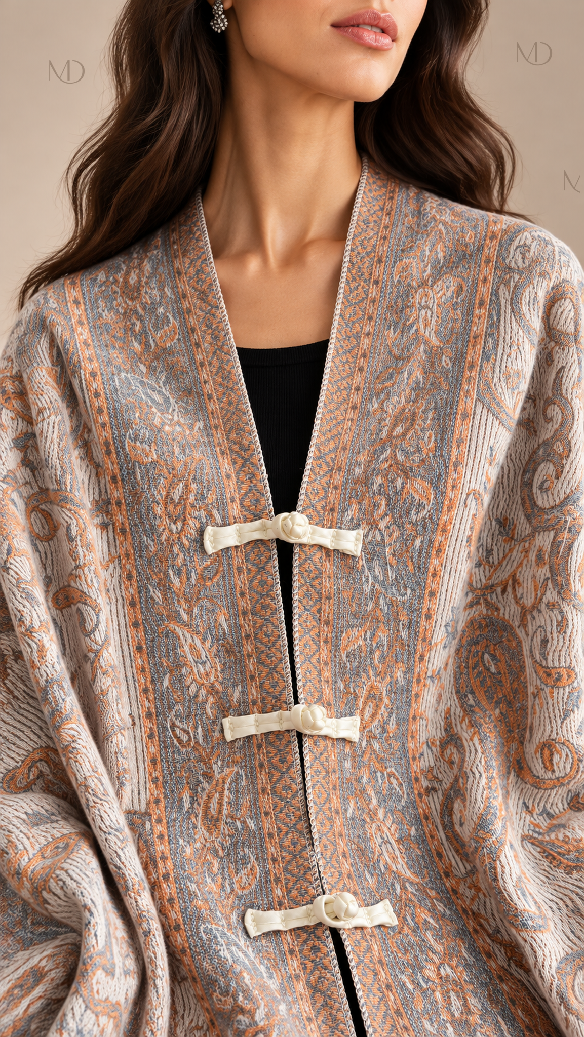 Meiling Paisley Frog-Button Shawl — Apricot worn closeup