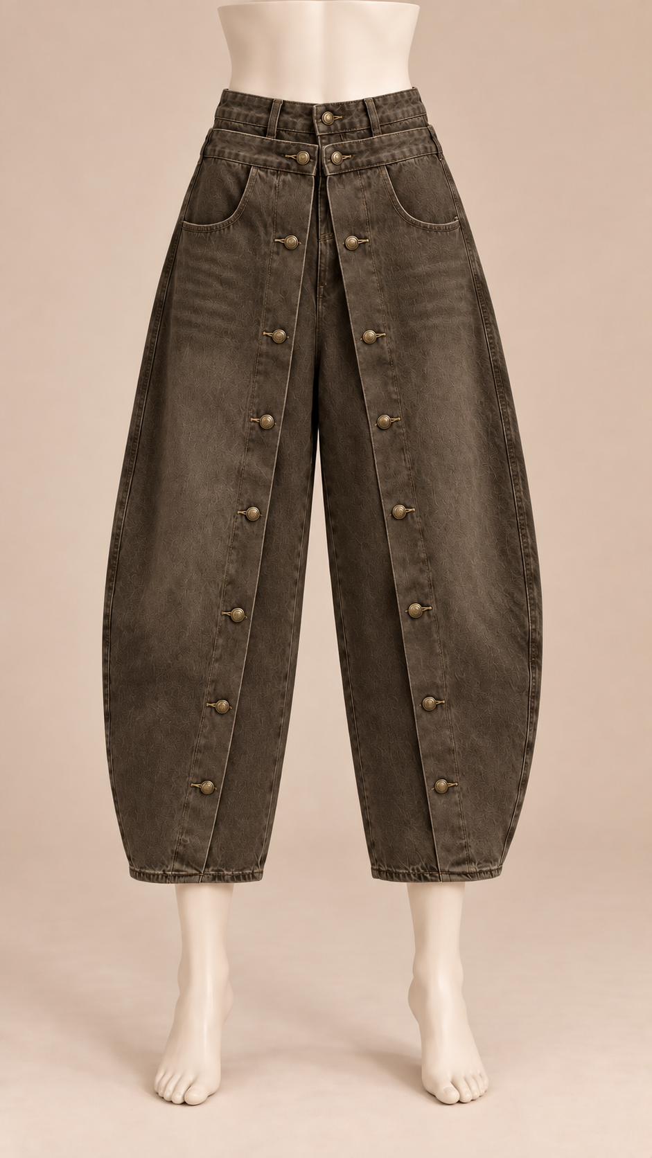 Marlowe Buttoned Barrel Jeans — Army Green mannequin front