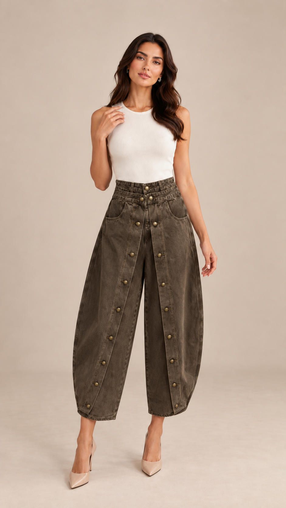 Marlowe Buttoned Barrel Jeans — Army Green model front