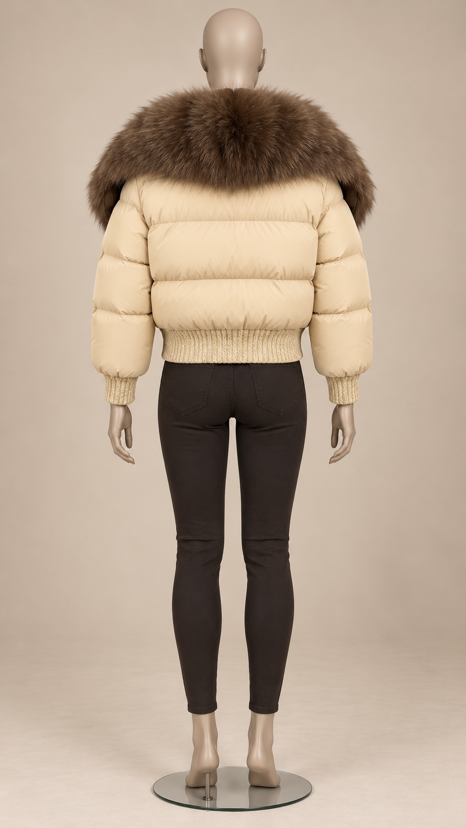 Svetlana Fox-Collar Puffer — Beige & Coffee mannequin back