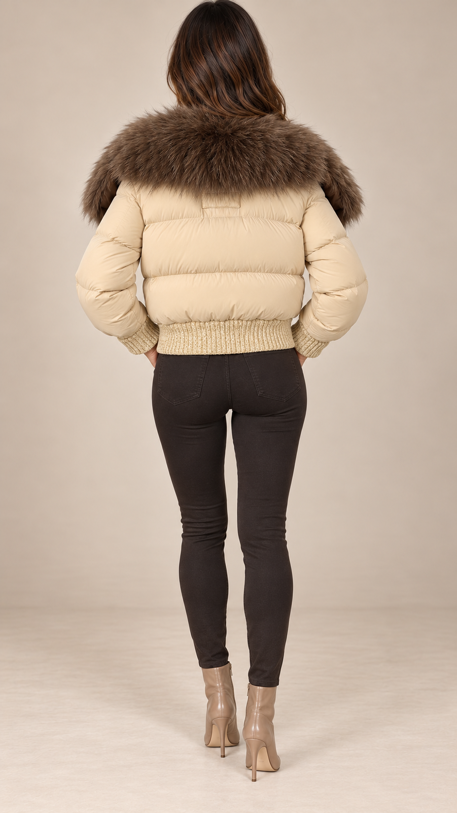Svetlana Fox-Collar Puffer — Beige & Coffee model back