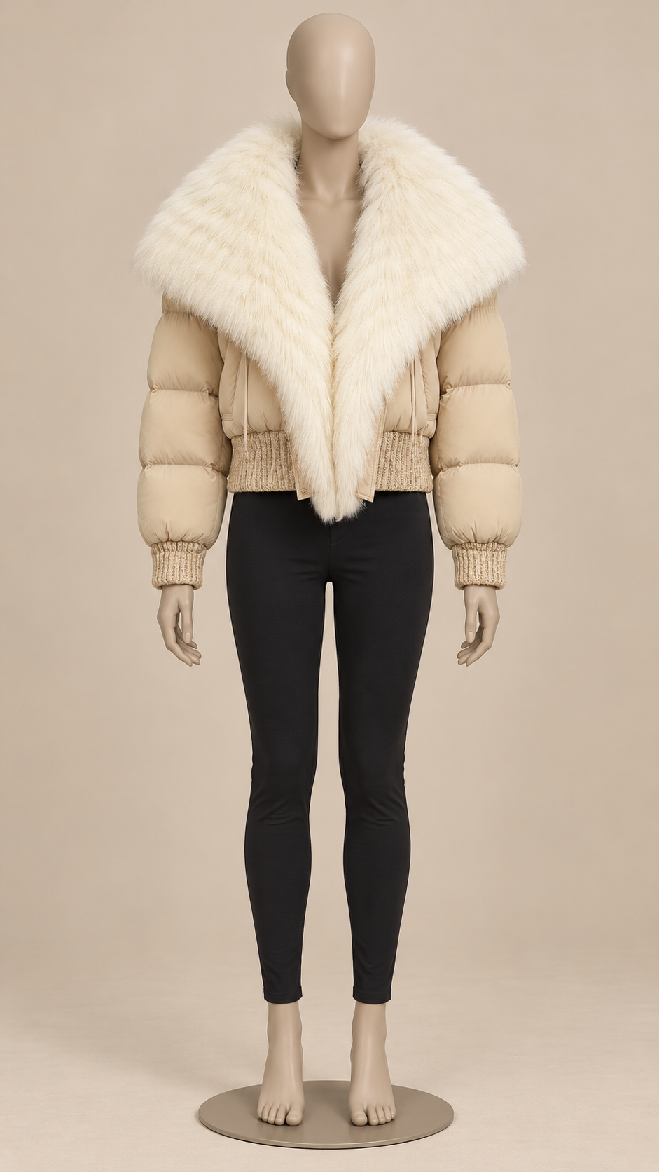 Svetlana Fox-Collar Puffer — Beige & Ivory mannequin front