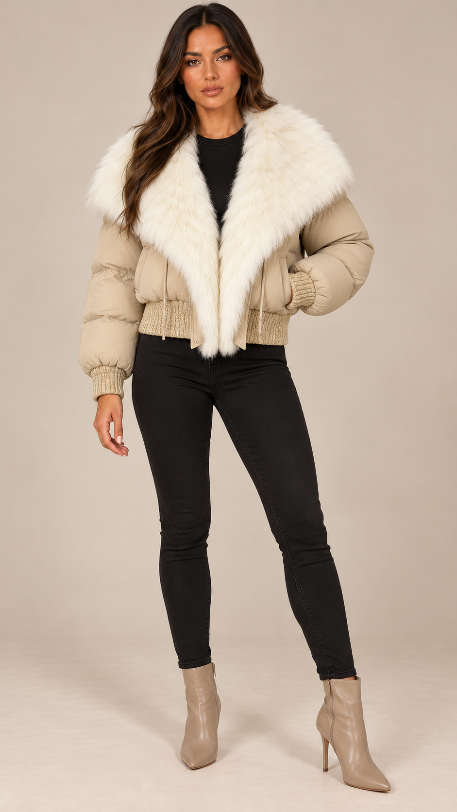 Svetlana Fox-Collar Puffer — Beige & Ivory model front