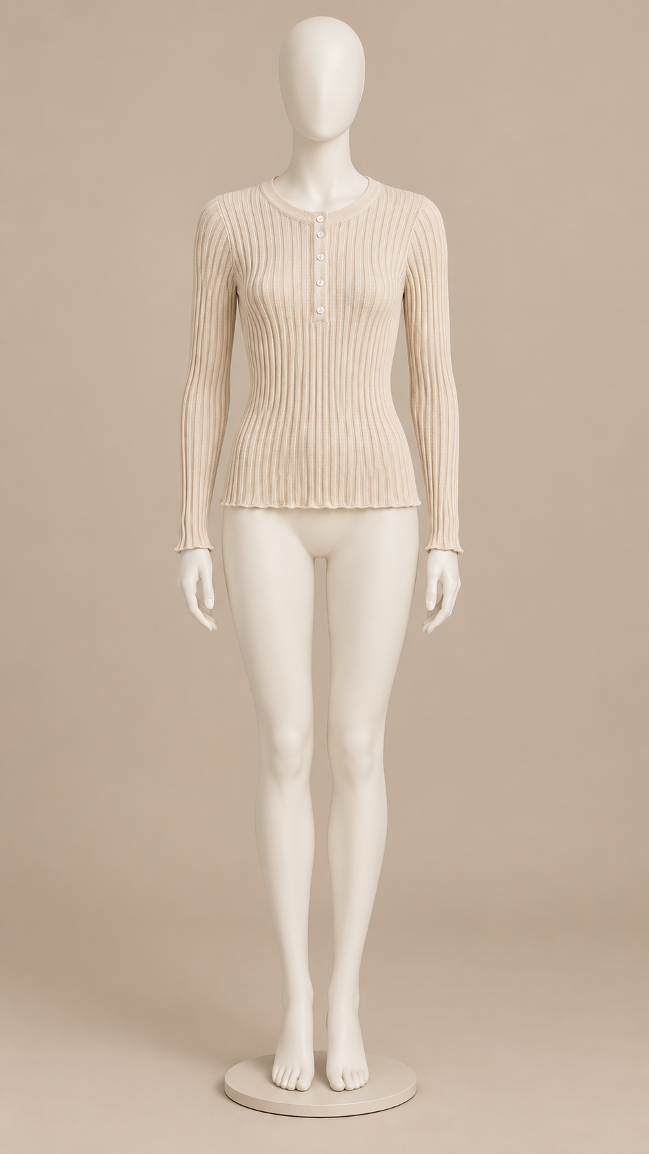 Fenella Ribbed Button Top — Beige mannequin front