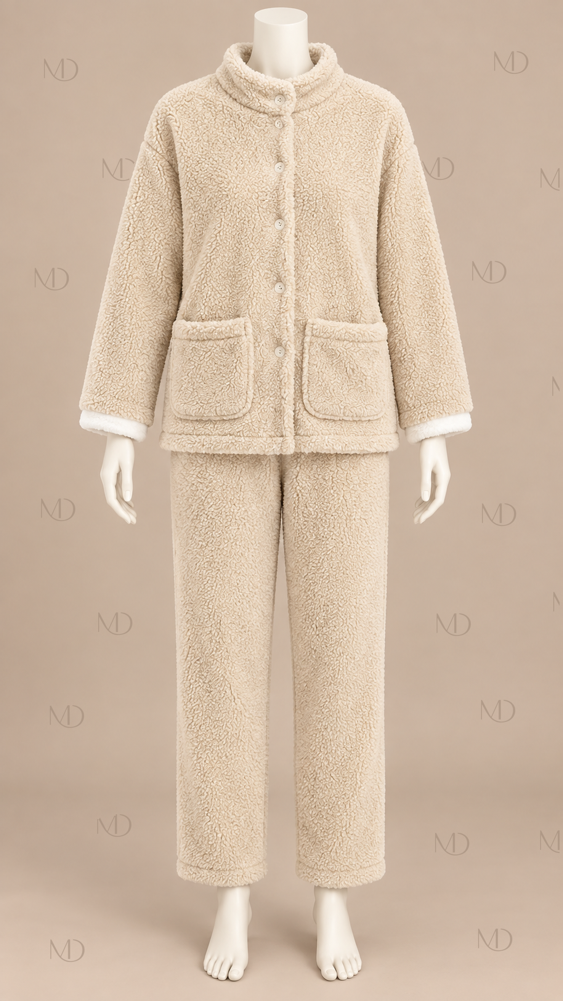 Wren Fleece Cardigan Pajama Set — Beige mannequin front