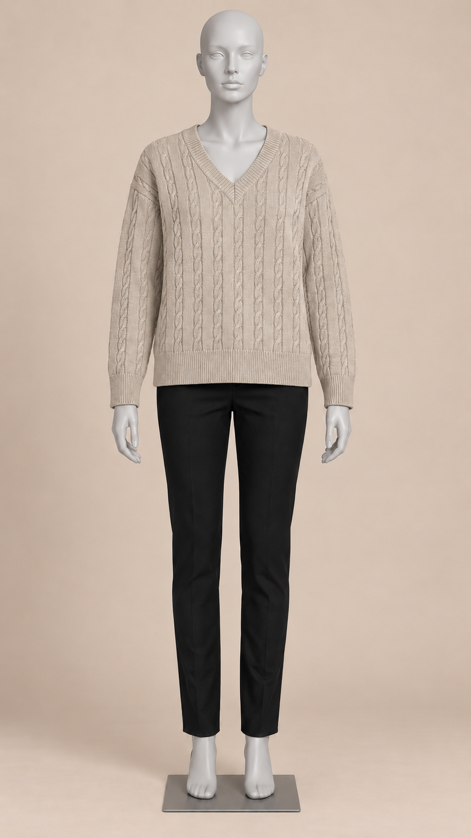 Marit Cable V-Neck Sweater — Beige mannequin front
