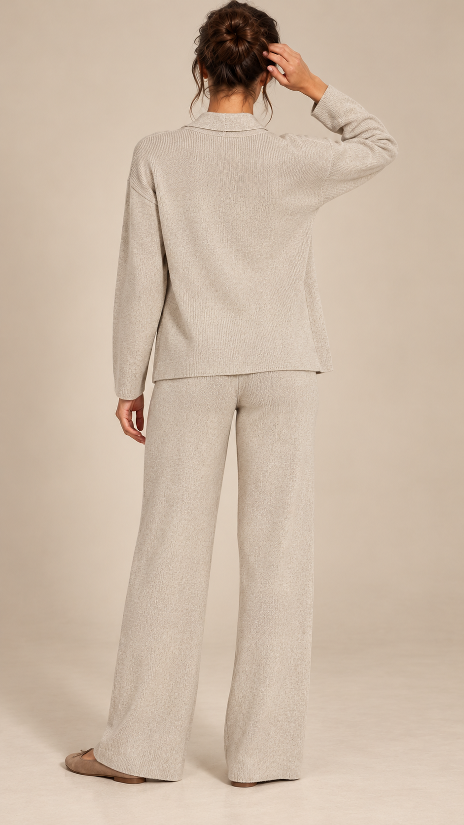 Gwenllian One-Shoulder Knit Set — Beige model back