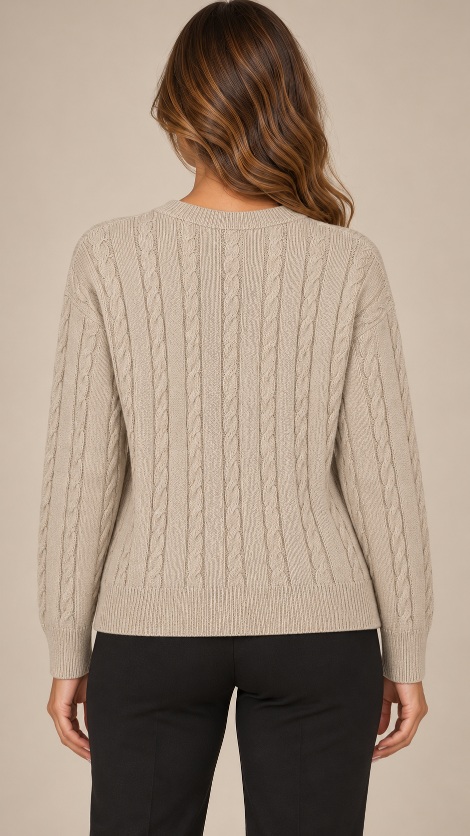 Marit Cable V-Neck Sweater — Beige model back