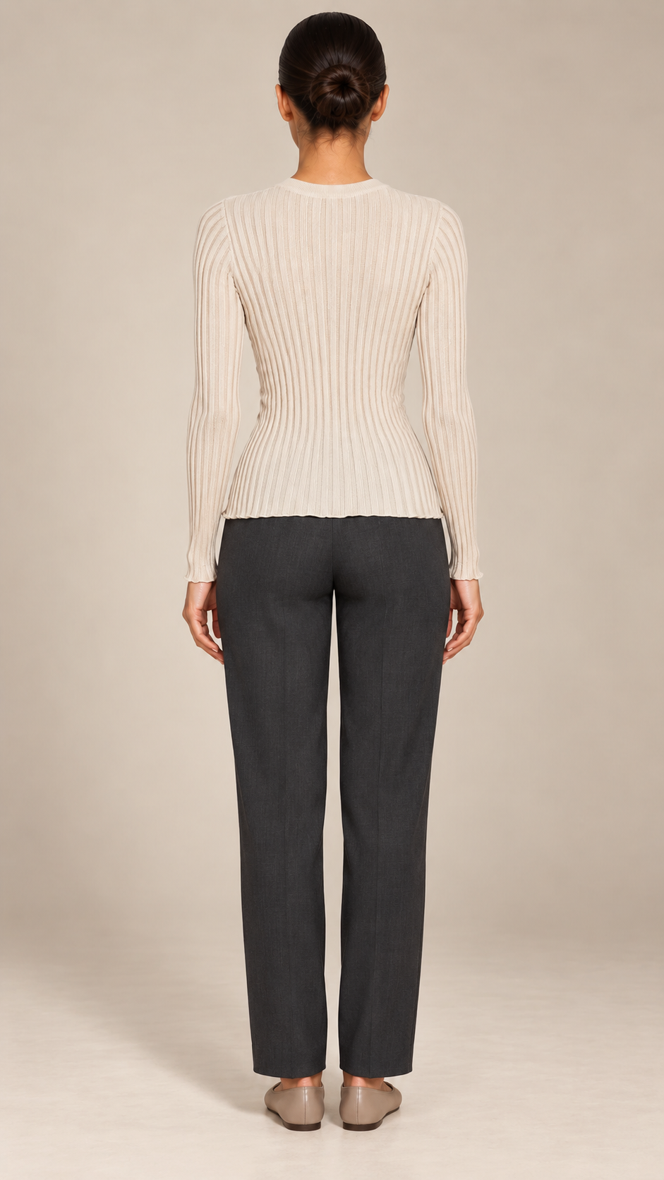 Fenella Ribbed Button Top — Beige model back
