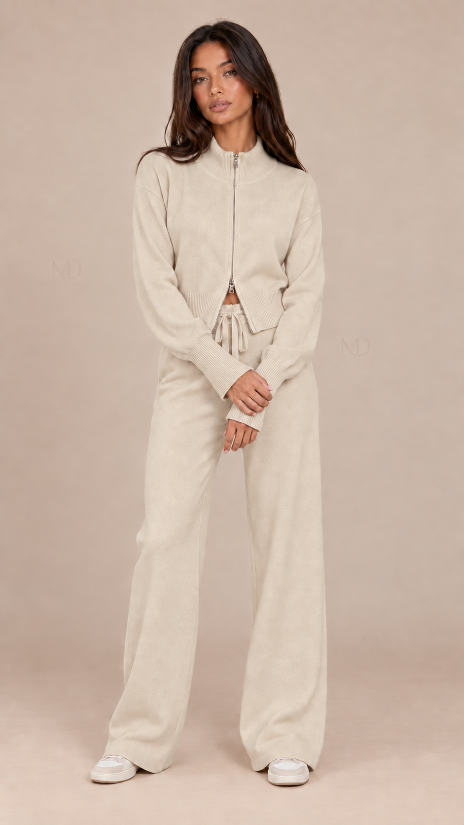 Sienna Double Zip Knit Set — Beige model front