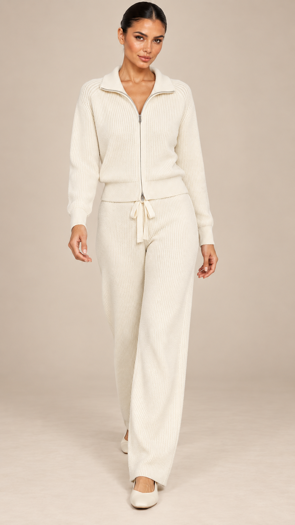 Brielle Zip-Collar Lounge Set — Beige model front