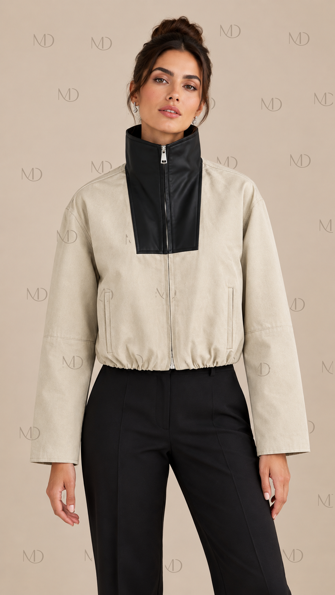 Sloane Contrast Collar Jacket — Beige model front