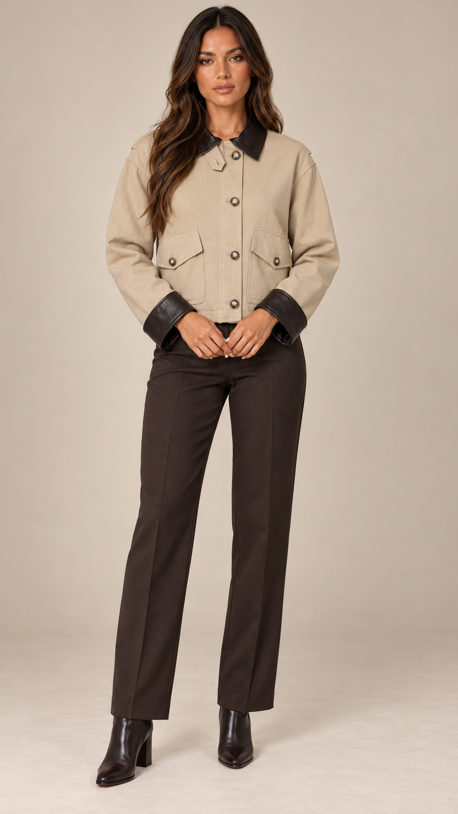 Rosalba Contrast-Collar Jacket — Beige model front