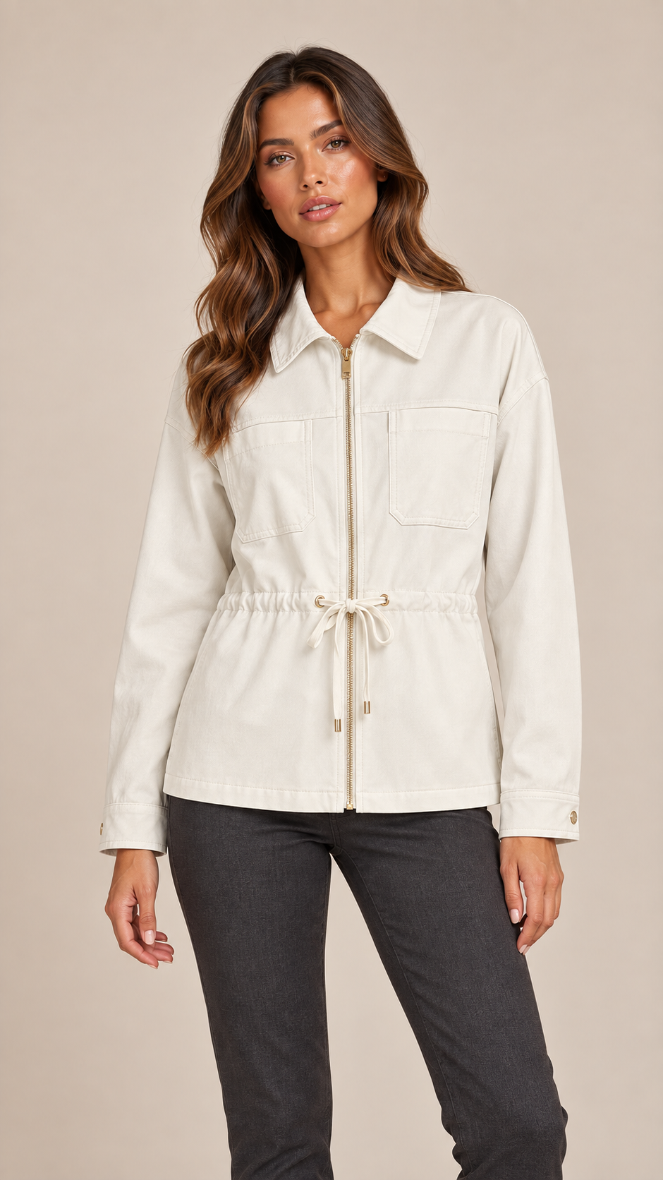 Sloane Drawstring Utility Jacket — Beige model front