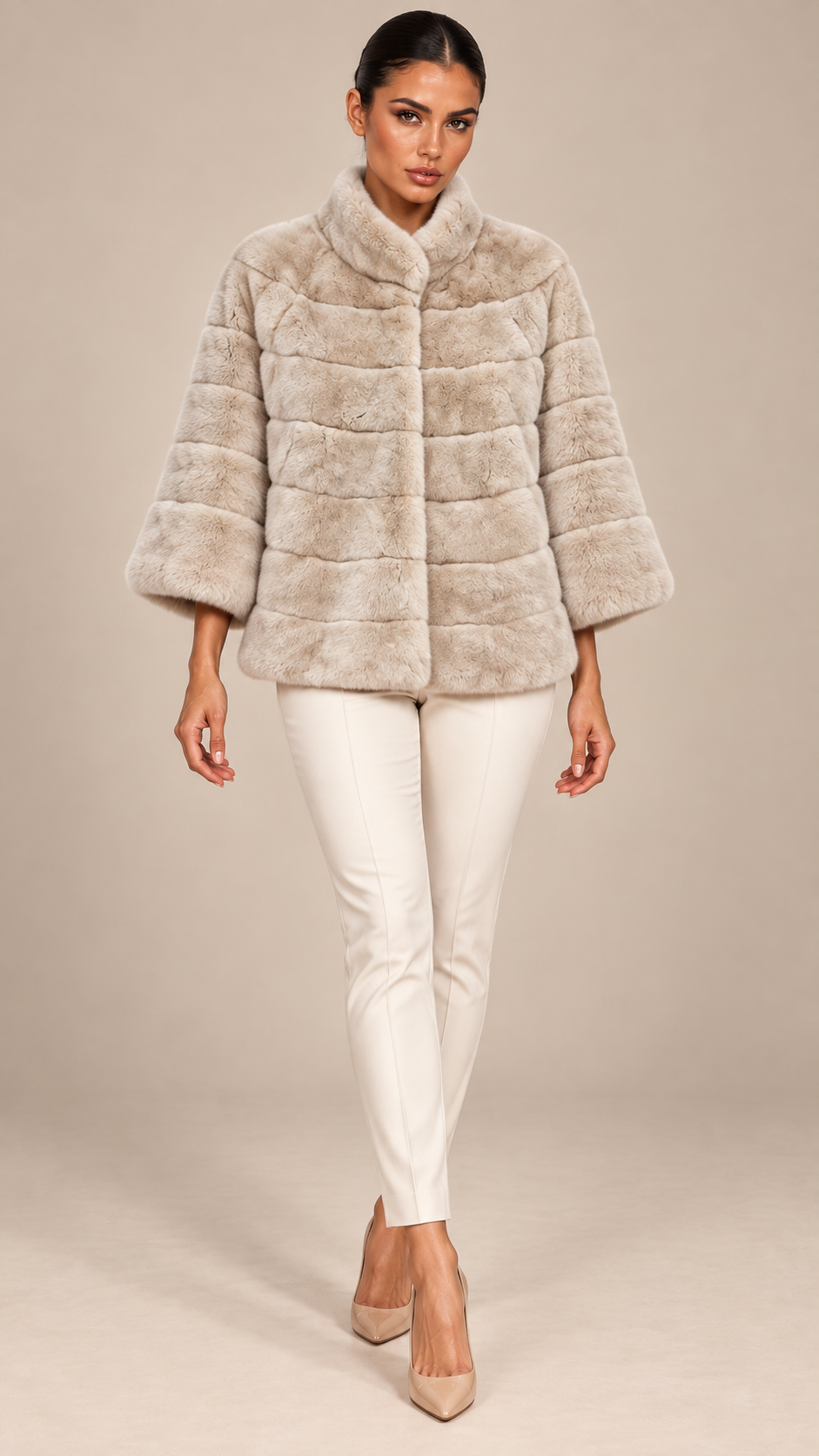 Ines Bell-Sleeve Fur Cape — Beige model front