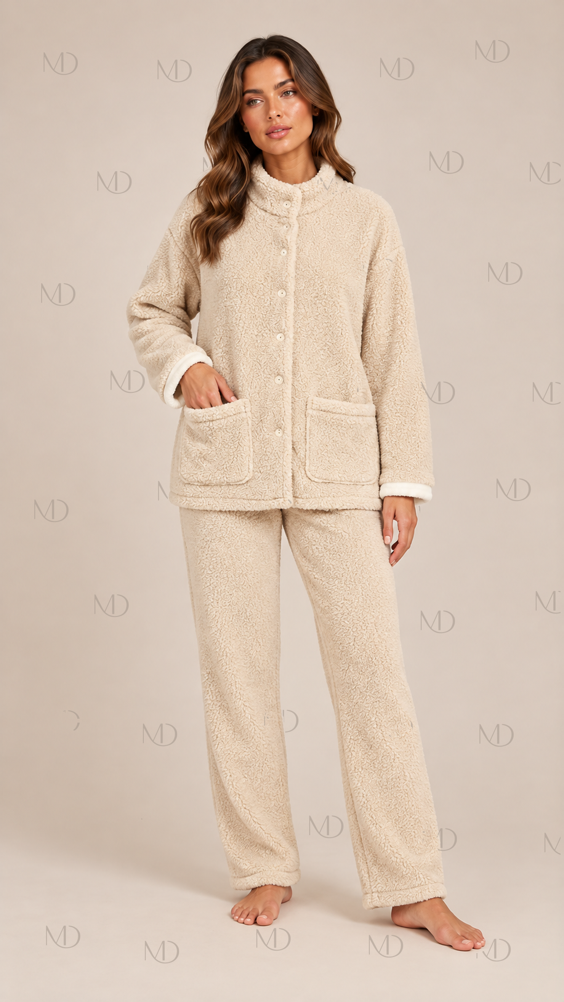 Wren Fleece Cardigan Pajama Set — Beige model front