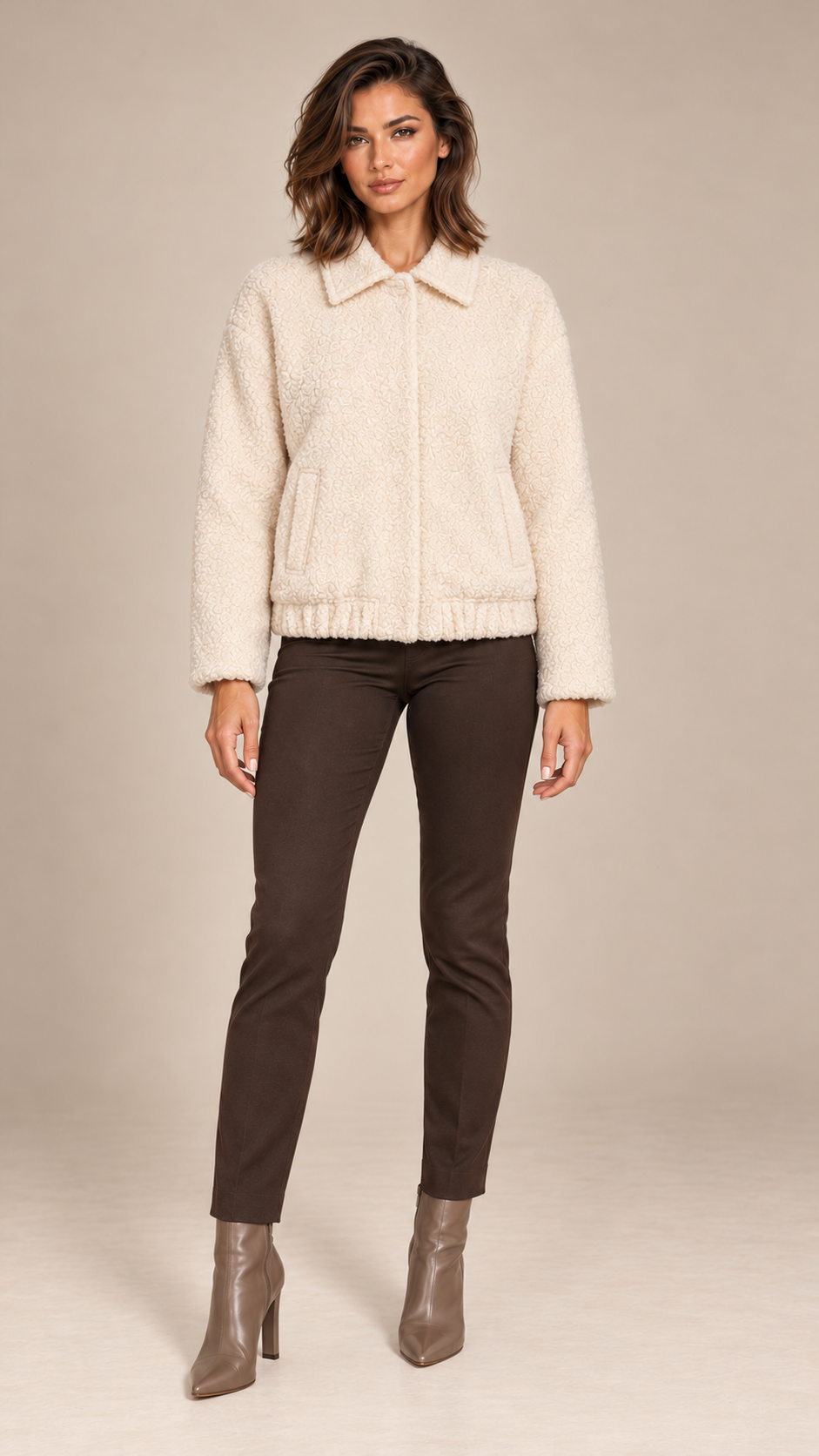 Allegra Teddy Shirt Jacket — Beige model front