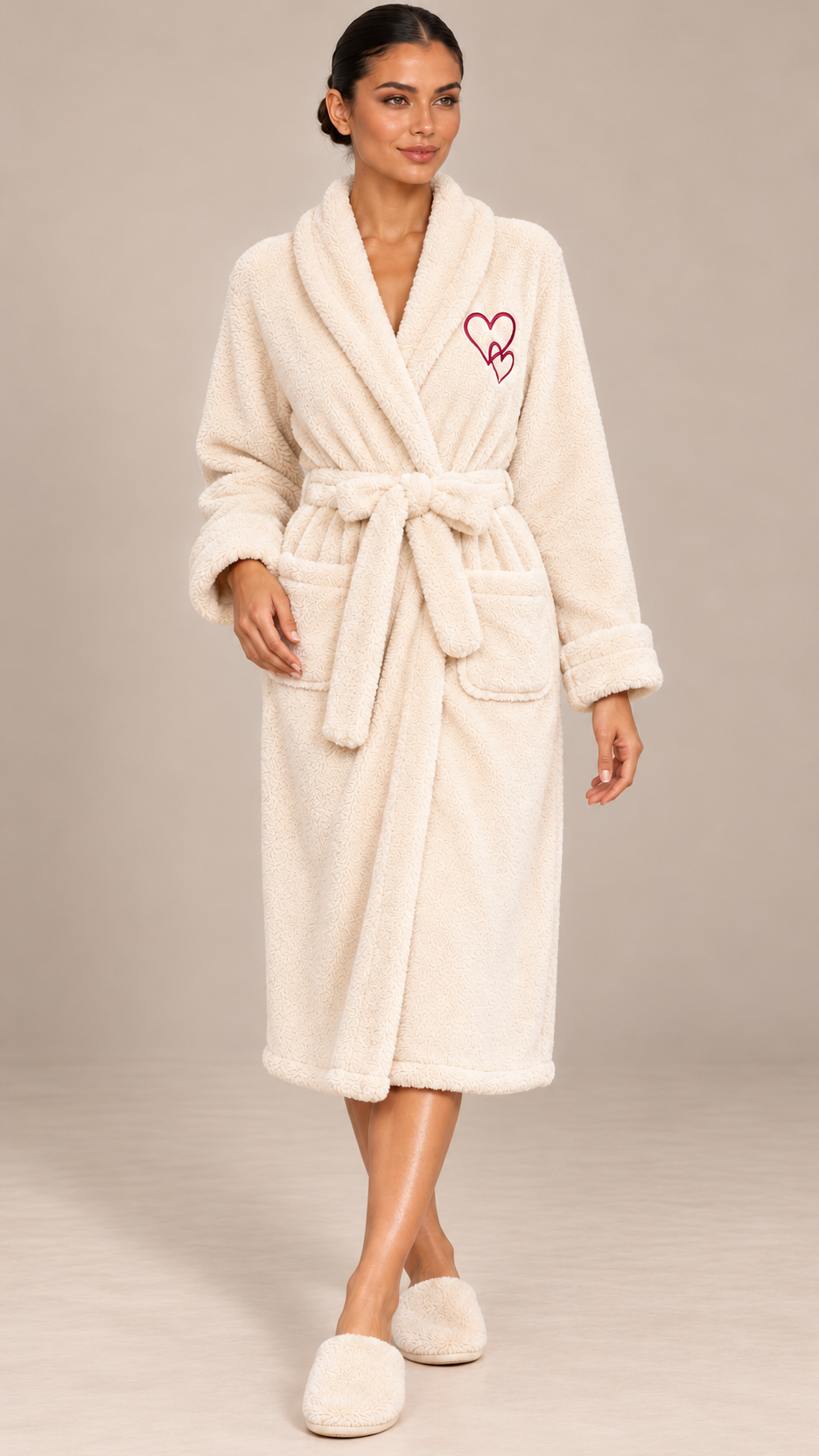 Clarabel Heart-Stitch Robe — Beige model front