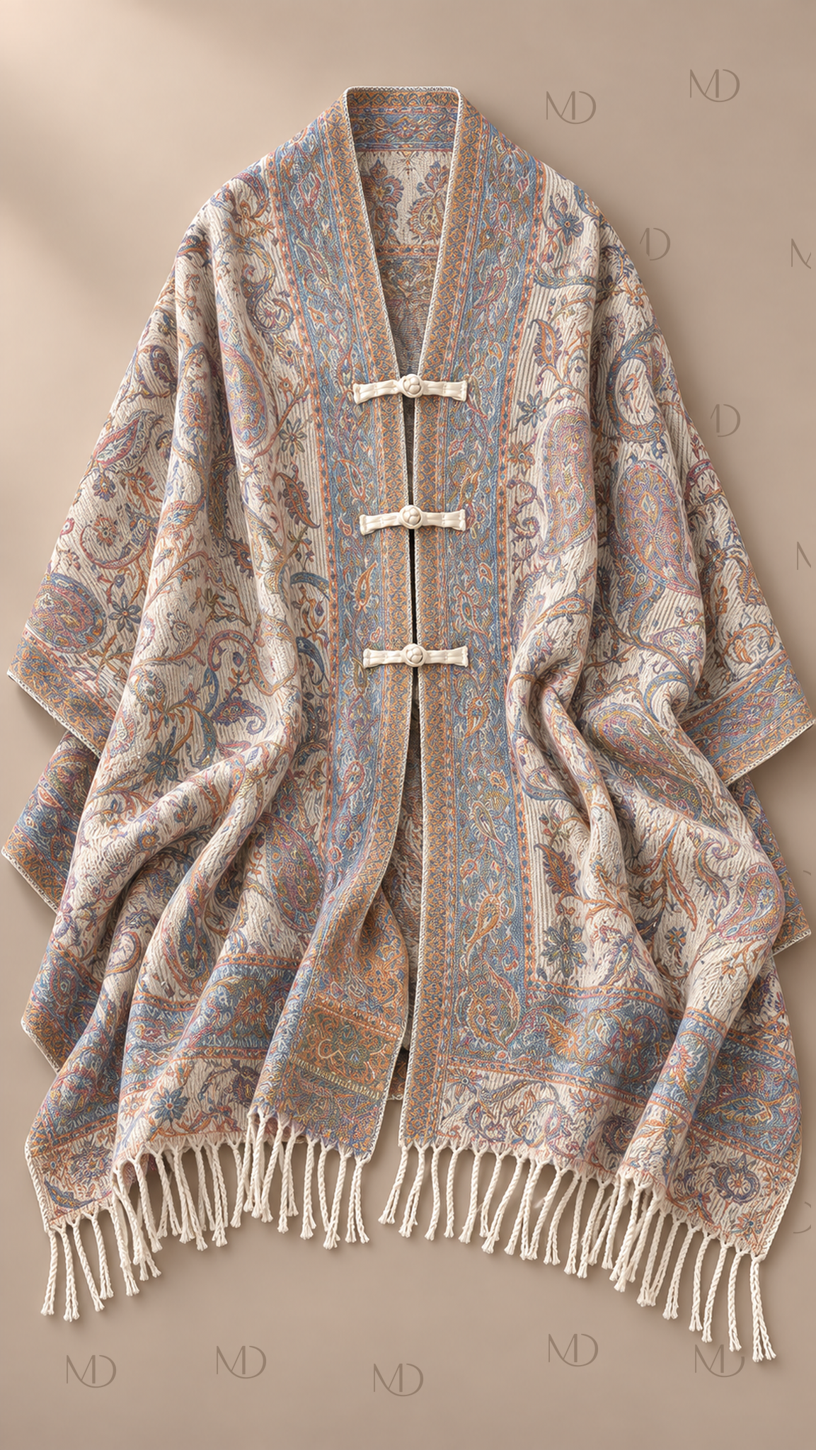 Meiling Paisley Frog-Button Shawl — Beige product only