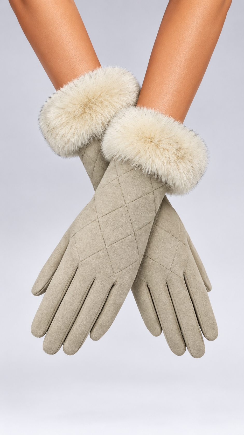 Eulalie Diamond-Quilt Gloves — Beige worn closeup