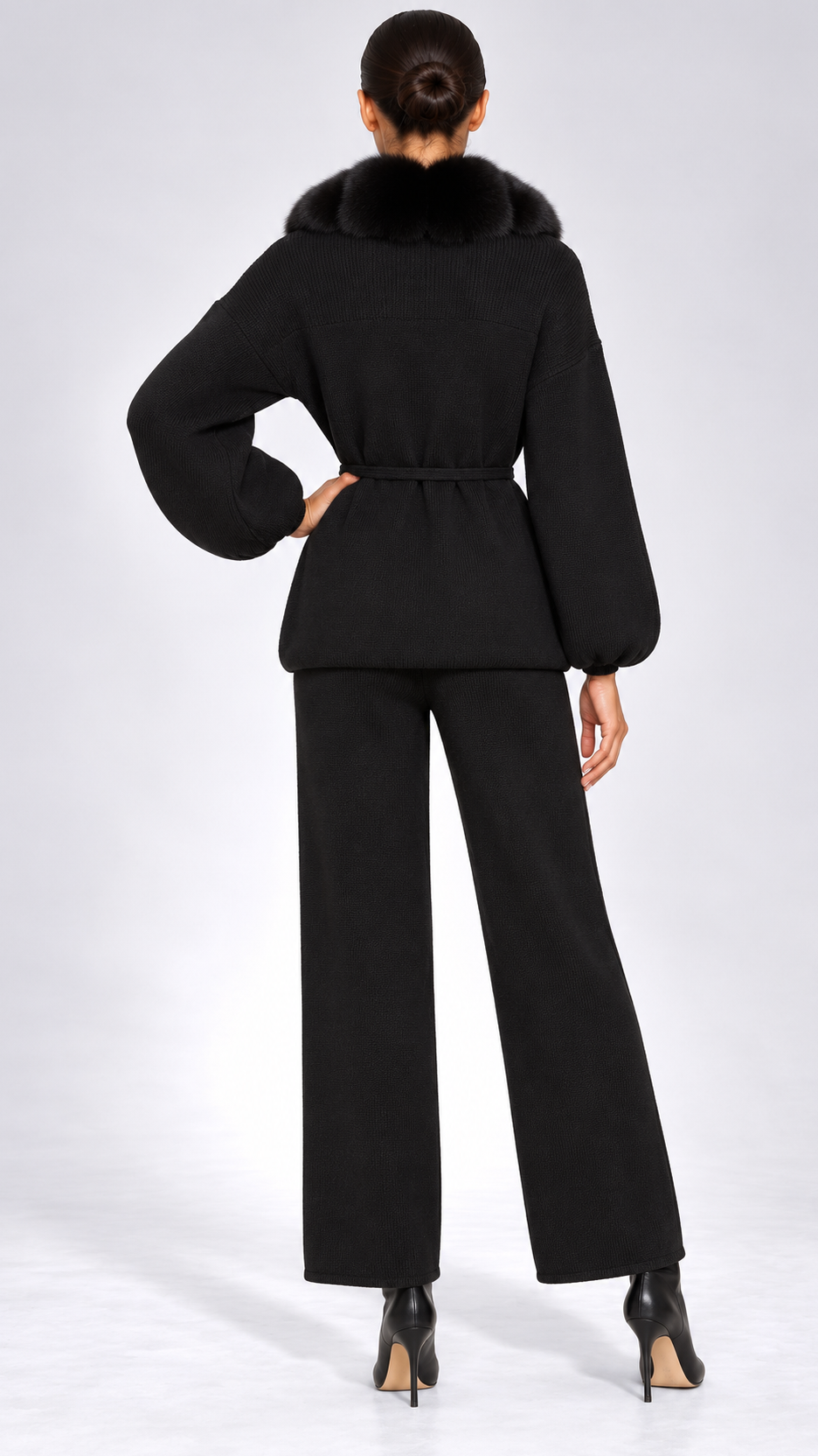 Margit Fox-Collar Knit Set — Black + Black model back
