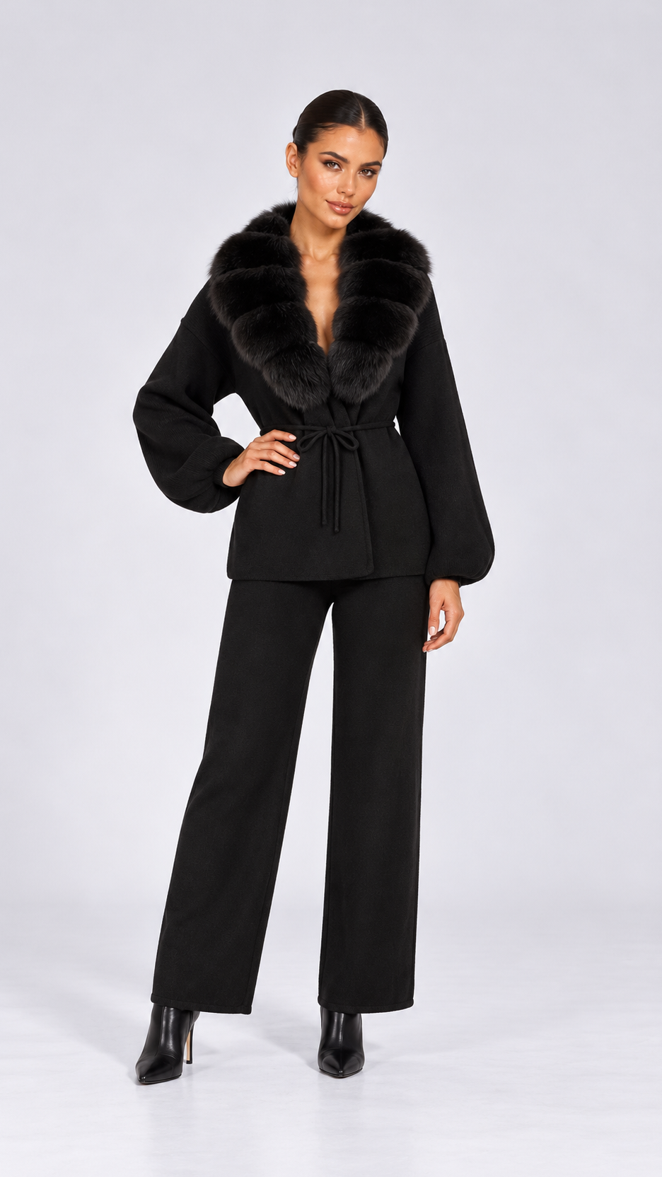 Margit Fox-Collar Knit Set — Black + Black model front