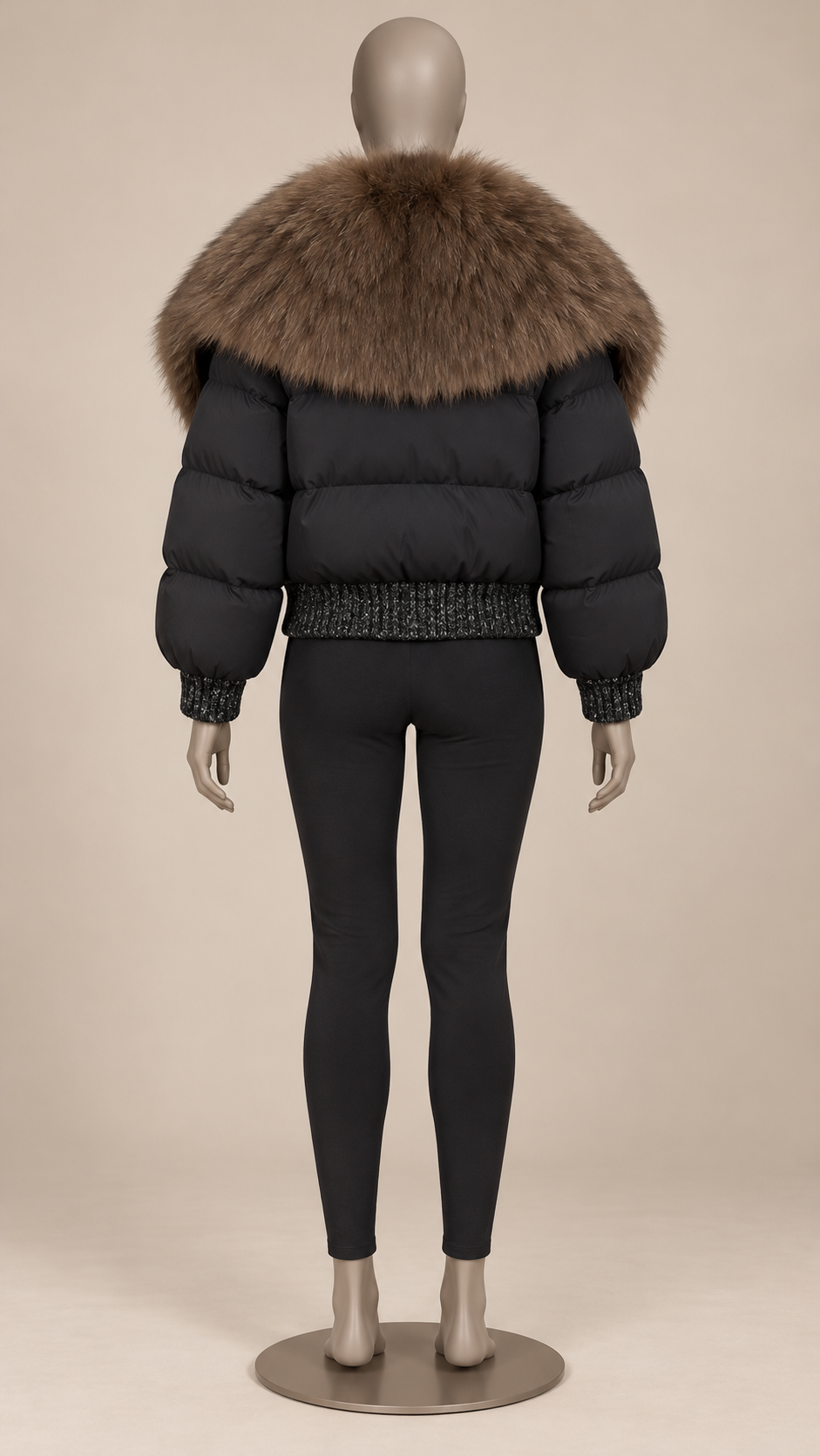 Svetlana Fox-Collar Puffer — Black & Coffee mannequin back