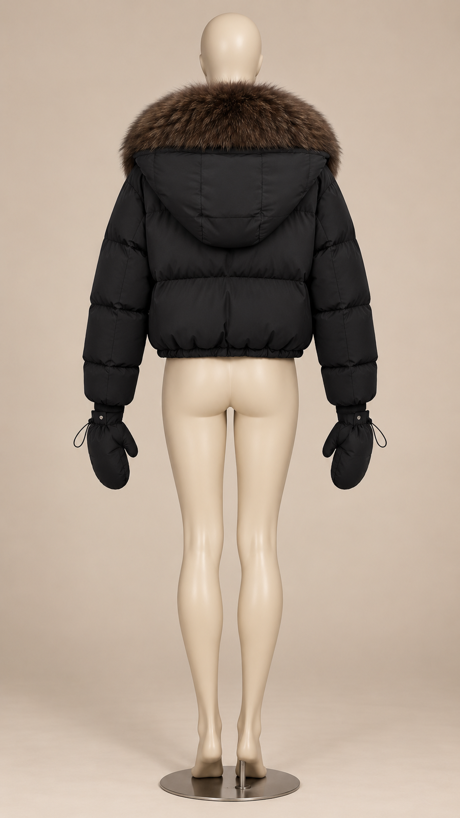 Anastasia Fox-Stole Hooded Puffer — Black & Coffee mannequin back