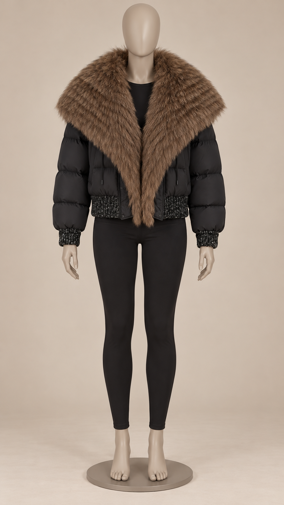 Svetlana Fox-Collar Puffer — Black & Coffee mannequin front