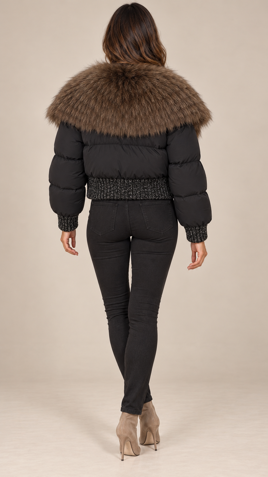 Svetlana Fox-Collar Puffer — Black & Coffee model back