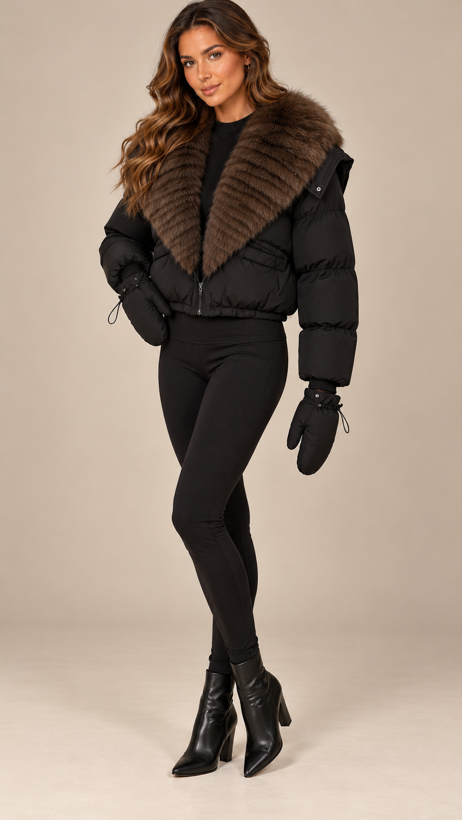 Anastasia Fox-Stole Hooded Puffer — Black & Coffee model front