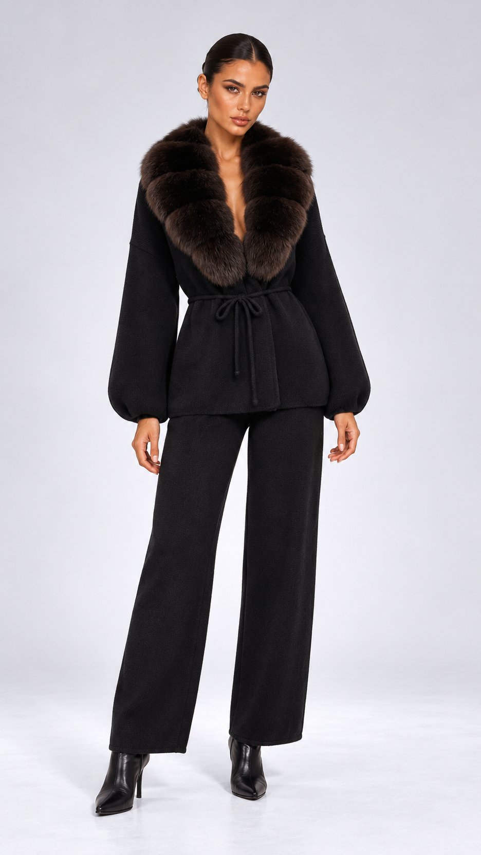 Margit Fox-Collar Knit Set — Black + Dark Coffee model front
